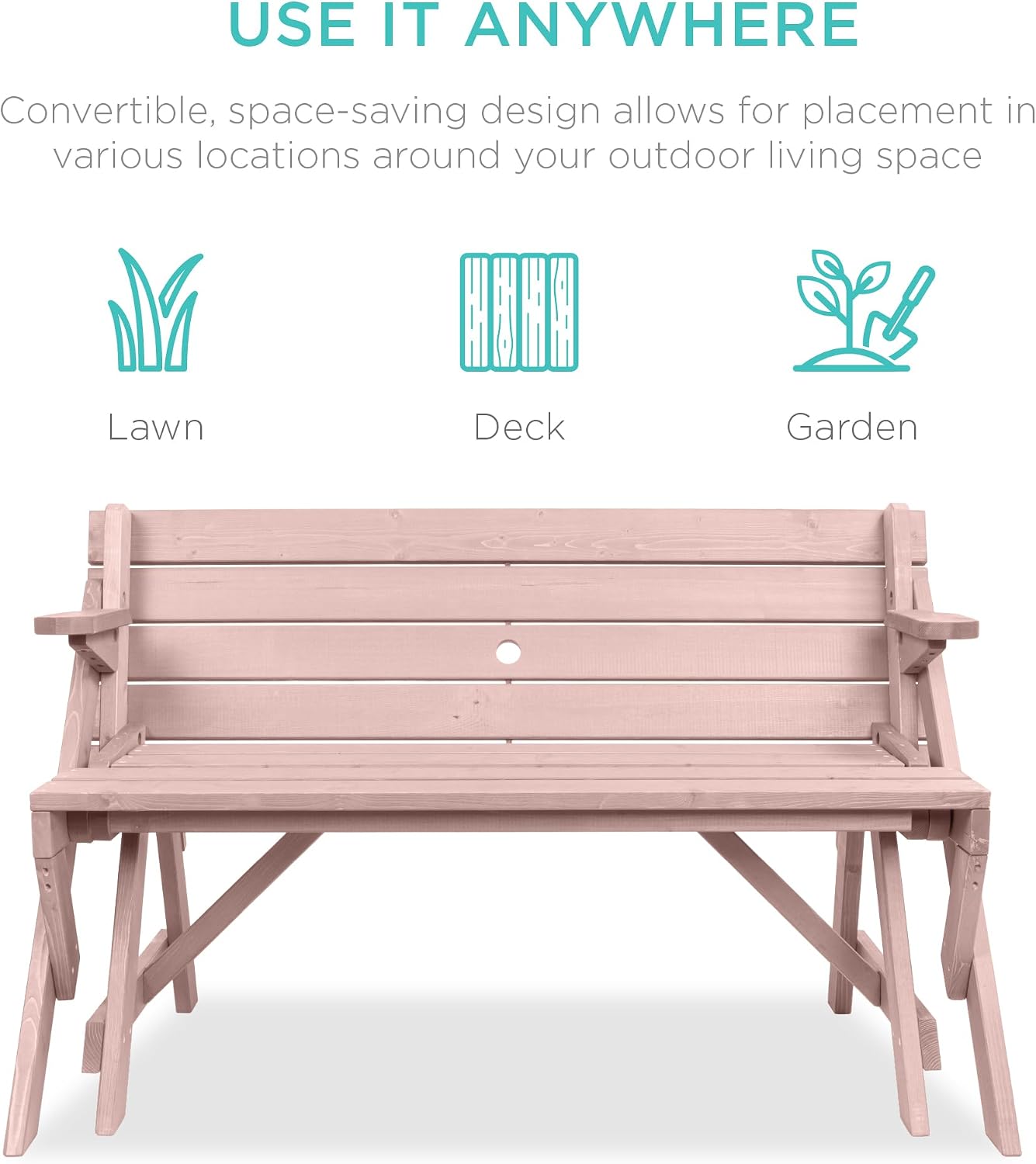 Best Choice Products 2-in-1 Transforming Interchangeable Outdoor Wooden Picnic Table Garden Bench for Backyard, Porch, Patio, Deck w/Umbrella Hole - Pink