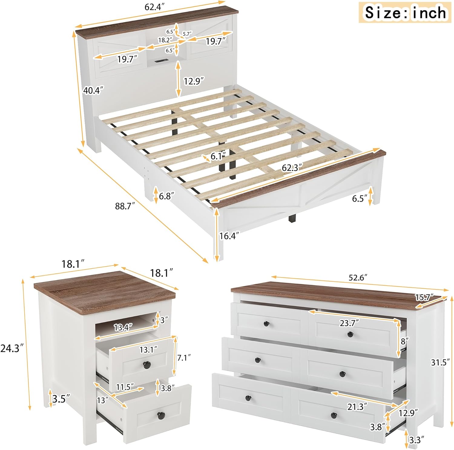 SOFTSEA Farmhouse 3 Piece Queen Size Bedroom Set, Wood Platform Bed with Sliding Door Storage Headboard & Charging Station, Nightstand and Dresser, White