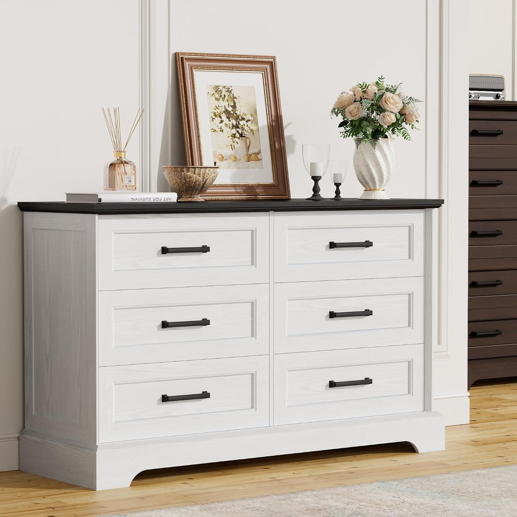 Furmax Farmhouse Dresser for Bedroom, 6 Drawers Dresser, Wood Chest of Drawers, 47.2' Wide Storage Dressers Organizer for Bedroom, Living Room, White and Black