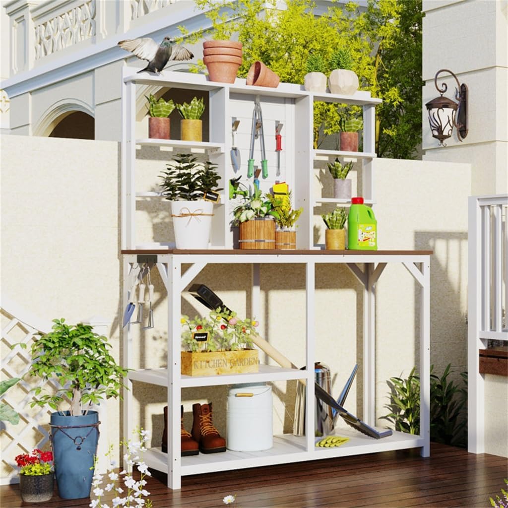 64.6' Large Outdoor Potting Bench, Wood Workstation with 6-Tier Shelves, Tabletop and Side Hook(E)