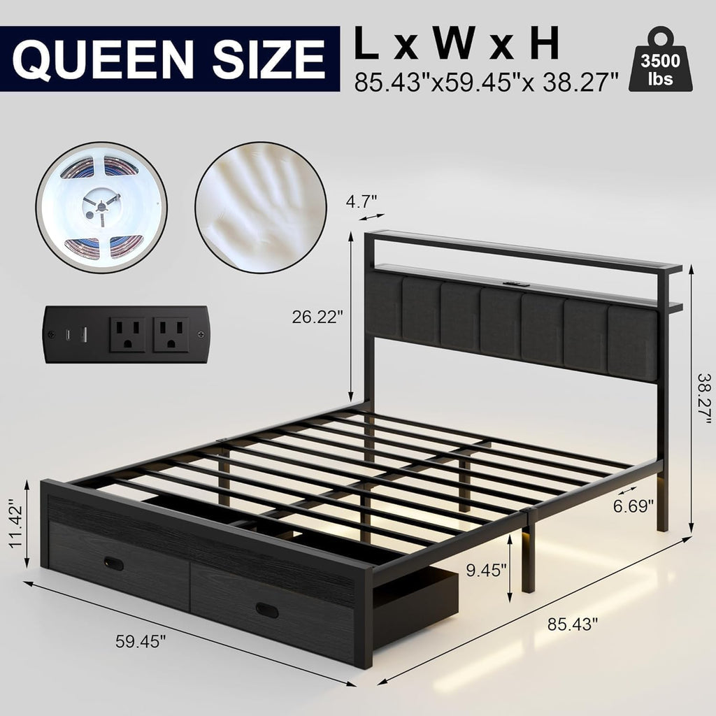 Queen Bed Frames with Storage Drawer, Platform Bed with Charging Station and LED Lights, Upholstered Headboard with 2-Tier Storage Shelves, No Box Spring Needed