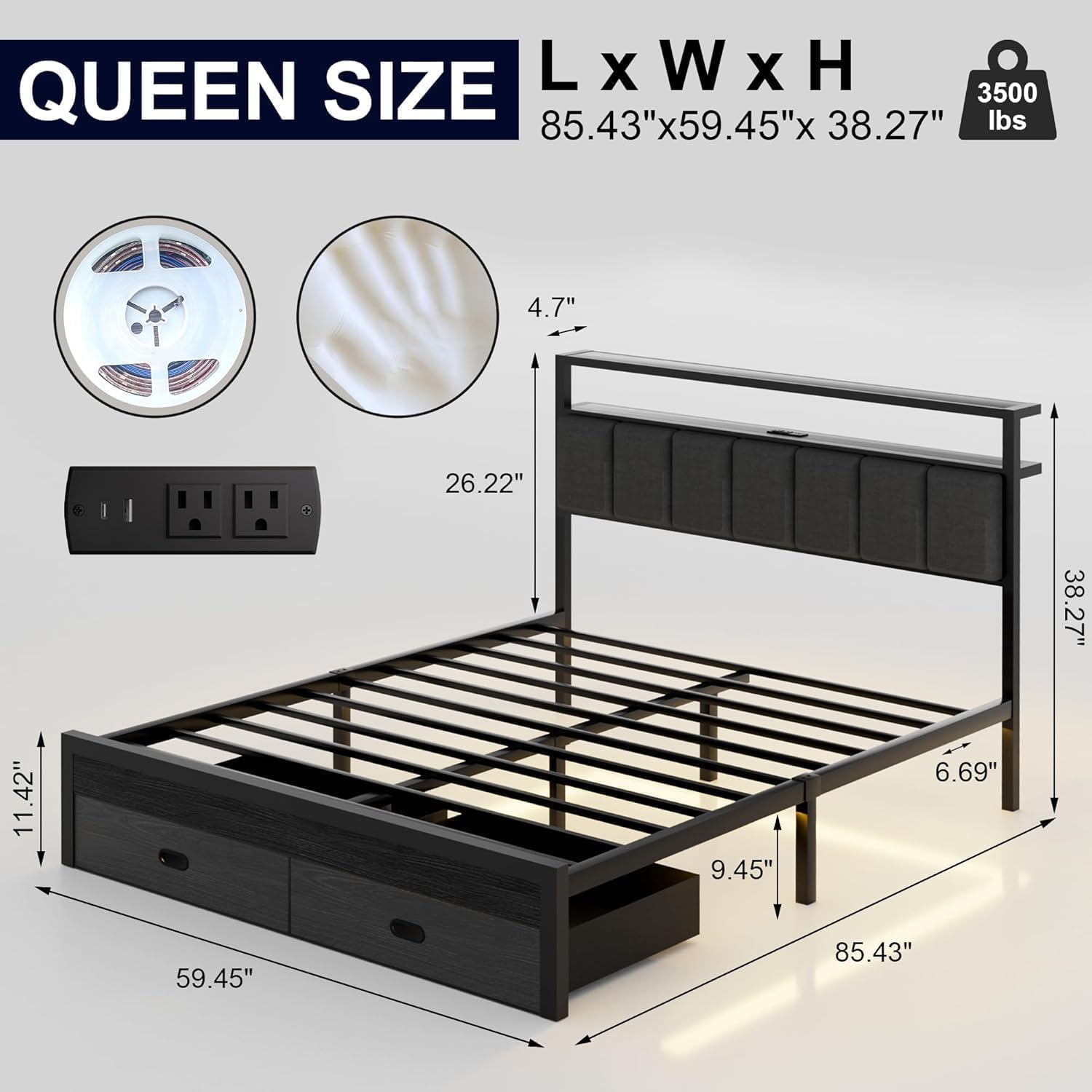 Queen Bed Frames with Storage Drawer, Platform Bed with Charging Station and LED Lights, Upholstered Headboard with 2-Tier Storage Shelves, No Box Spring Needed
