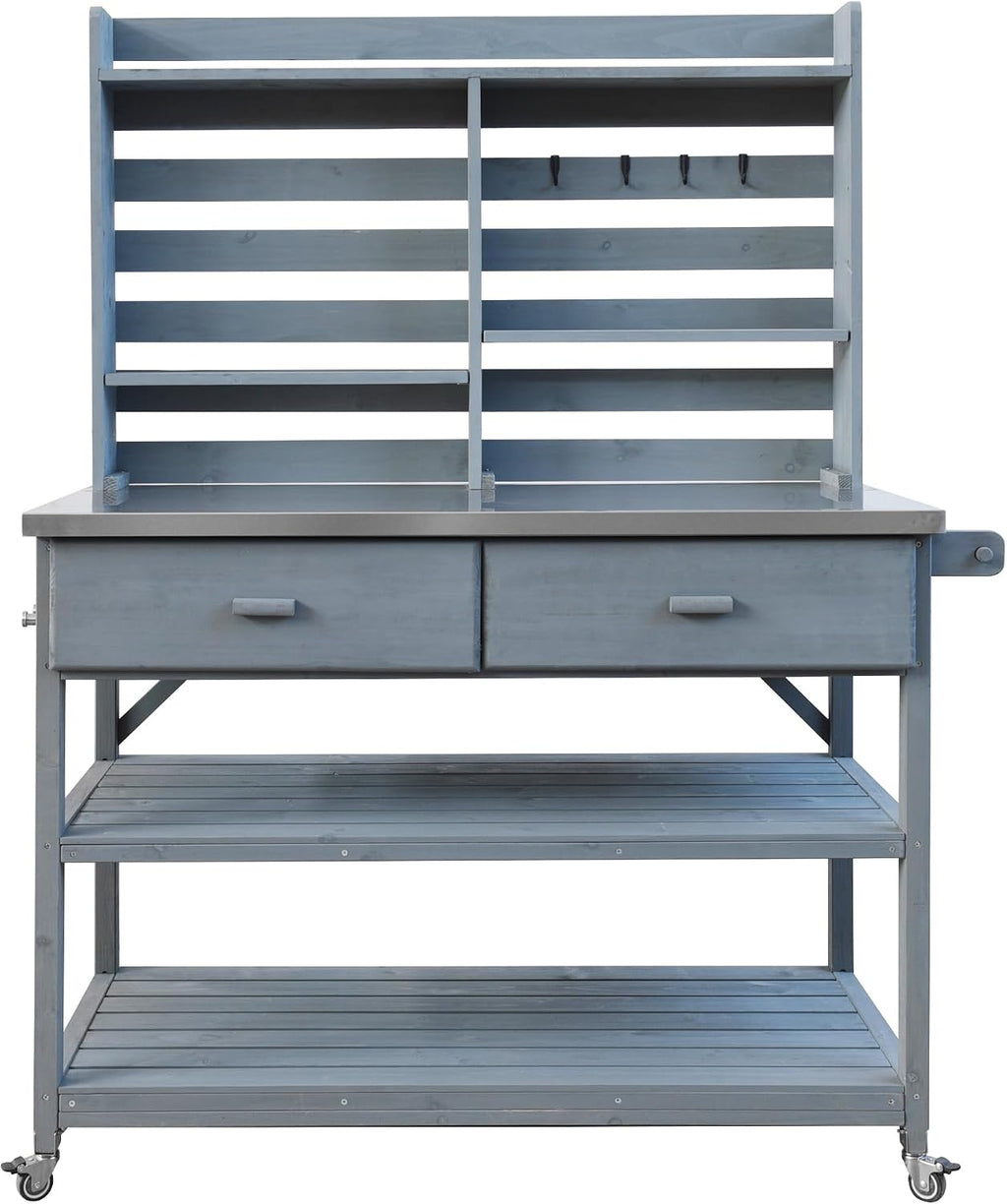 Outdoor Potting Bench Table with Lockable Wheels, Solid Wood Outdoor Kitchen Island with Upper Hutch, Stainless Steel Top, Towel Rack,Outdoor Storage for Grilling, Lawn Garden (Grey, 64.9' H)