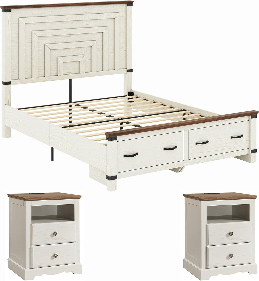 AMERLIFE Farmhouse Bedroom Furniture Set, Includes 2 Nightstands with Charging Station and 1 Full Wood Platform Bed Frame with Storage Drawers, Farmhouse Furniture for Bedroom, Rustic White