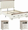 AMERLIFE Farmhouse Bedroom Furniture Set, Includes 2 Nightstands with Charging Station and 1 Full Wood Platform Bed Frame with Storage Drawers, Farmhouse Furniture for Bedroom, Rustic White