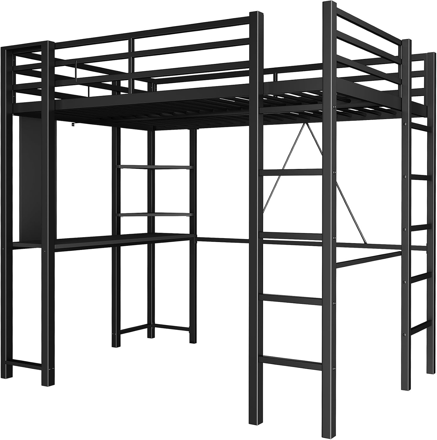 SUNLEI Loft Bed with Desk, Metal Loft Bed Full Size with 2 Built-in Ladders, Space-Saving Bed Frame, with Safety Guard, Noise Free for Small Bedroom, (Full Size) Black