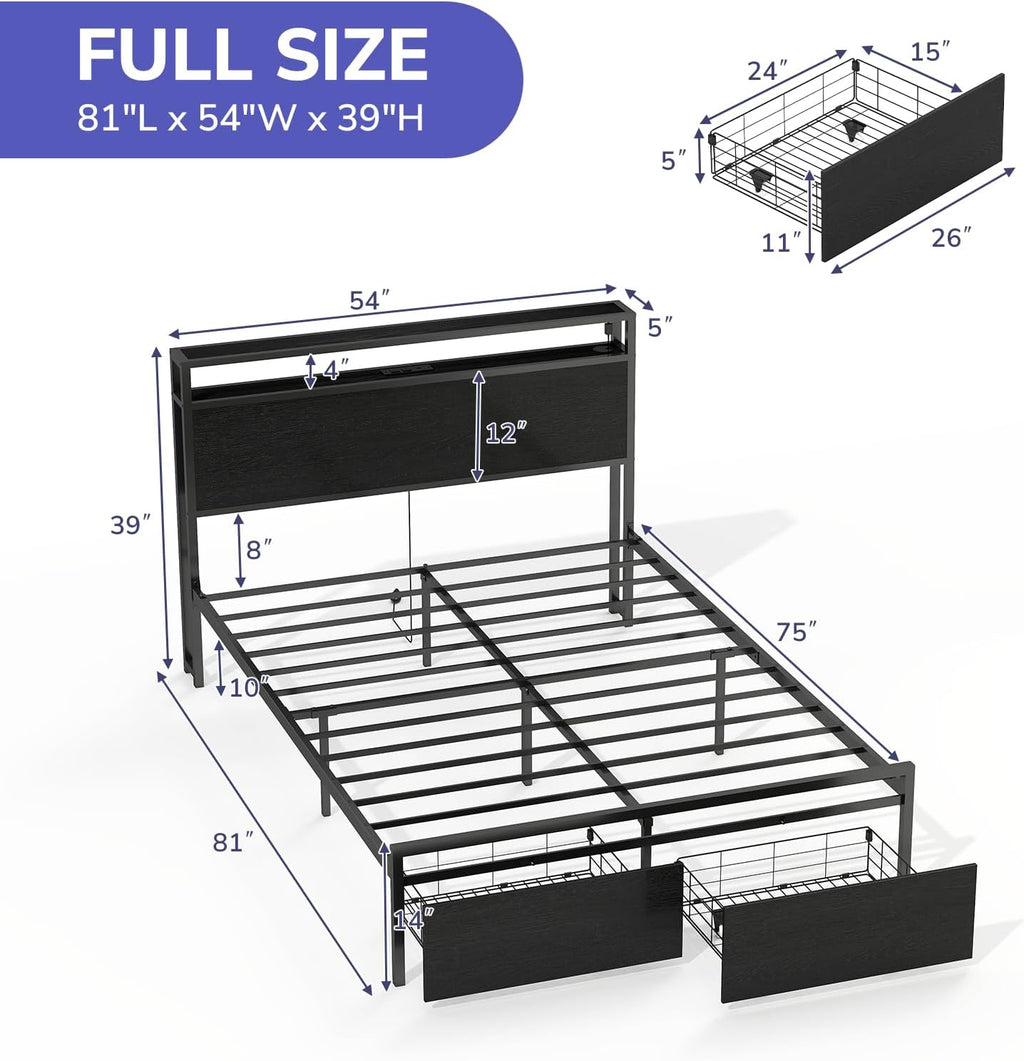 Zevemomo Full Bed Frame with 2 Storage Drawers, Bed Frame Full Size with Headboard, LED Light, Charging Station with 2 USB Ports & 2 AC Ports, Noiseless, Black