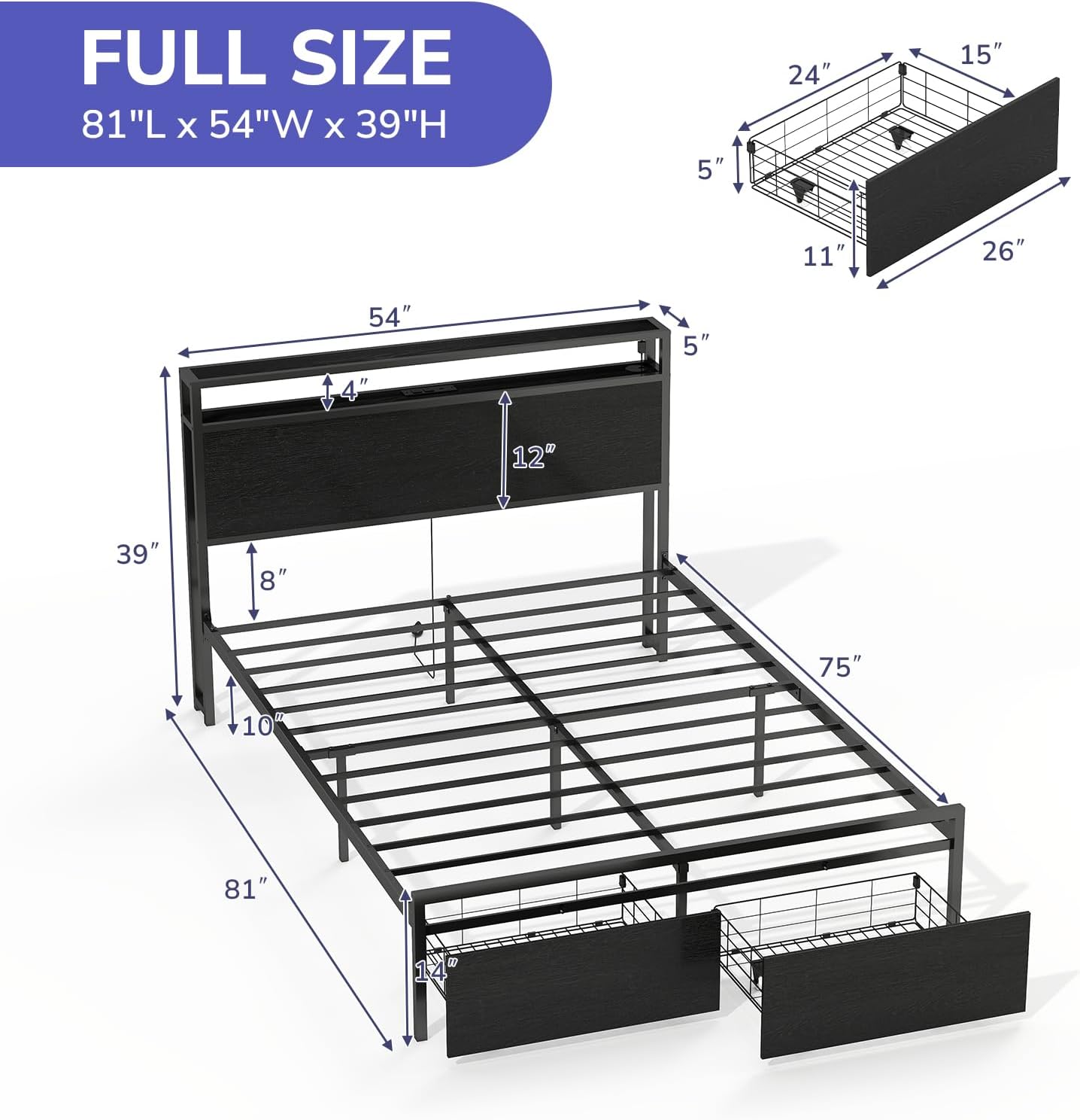 Zevemomo Full Bed Frame with 2 Storage Drawers, Bed Frame Full Size with Headboard, LED Light, Charging Station with 2 USB Ports & 2 AC Ports, Noiseless, Black