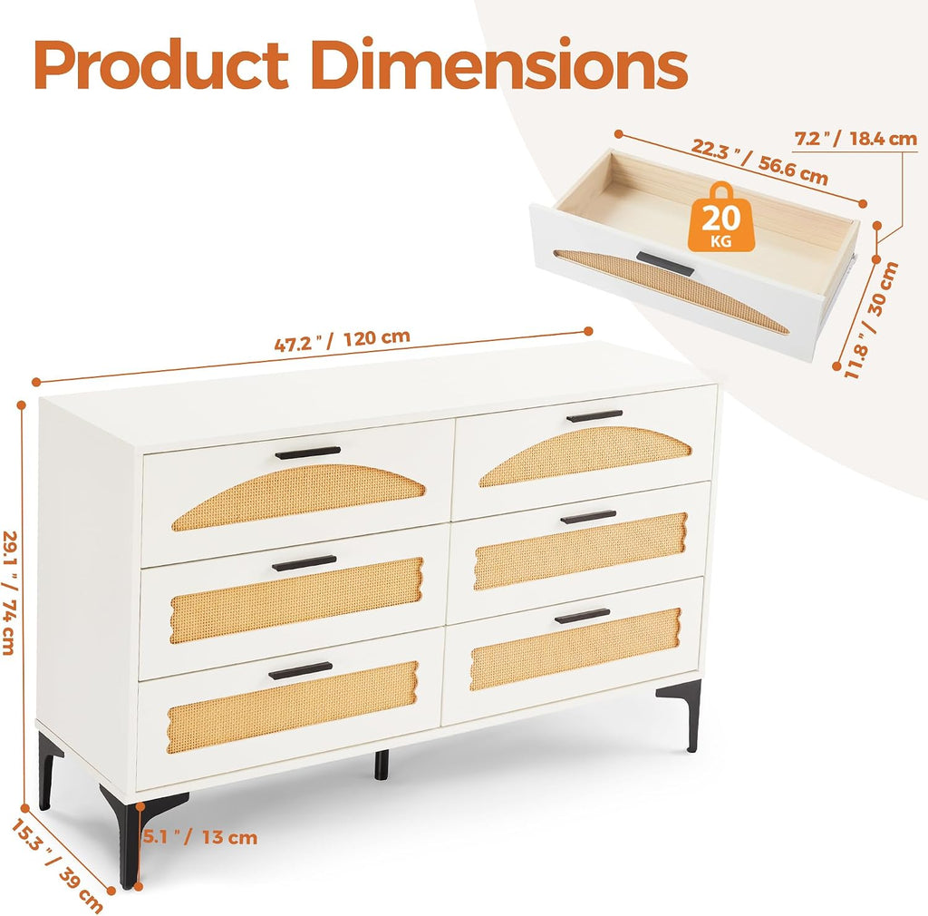 Mericonia 6 Drawer Double Dresser for Bedroom, Wood Rattan Dresser for Closet with Metal Legs, Boho TV Stand with Drawers, Dressers & Chests of Drawers for Bedroom, Hallway and Entryway, White