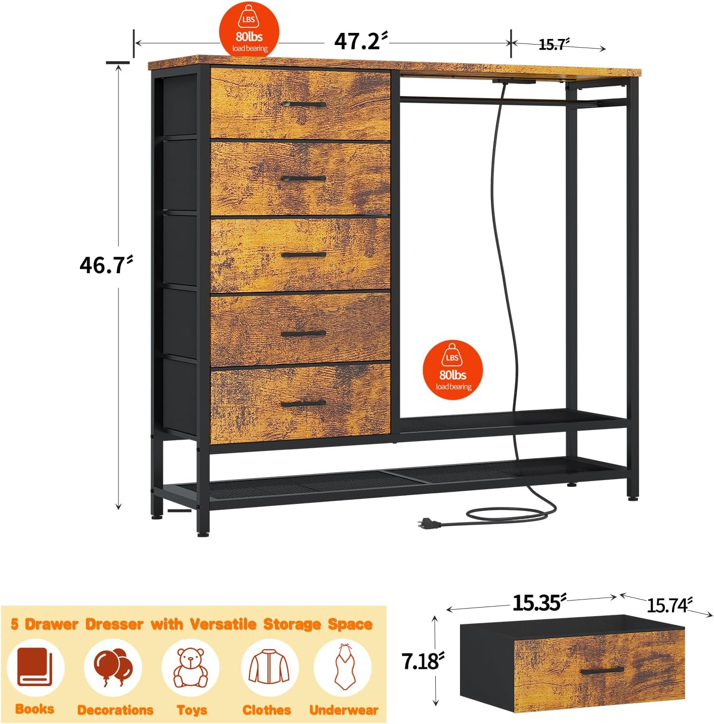 Dresser for Bedroom, Dresser with Hanging Rack Led Lights and Charging Station, Bedroom Dresser with 5 Fabric Chest of Drawers with PU Finish Storage Organizer, for Living Room Hallway Closet, Brown
