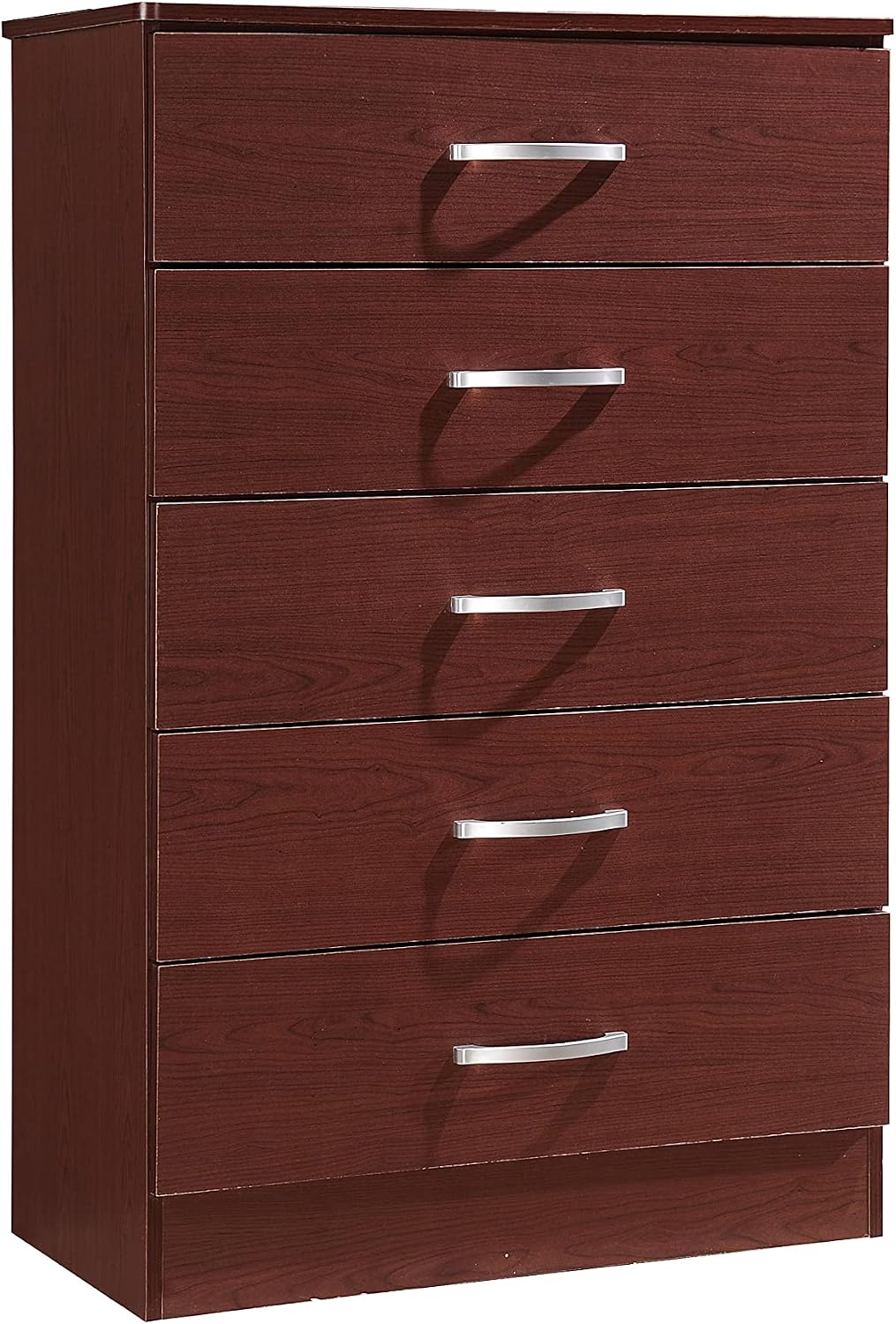 HODEDAH 5 Drawer Wood Dresser for Bedroom, Chest of Drawers with Metal Rails for Support when Storing Clothing, Mahogany, 47.8x31.5 inches