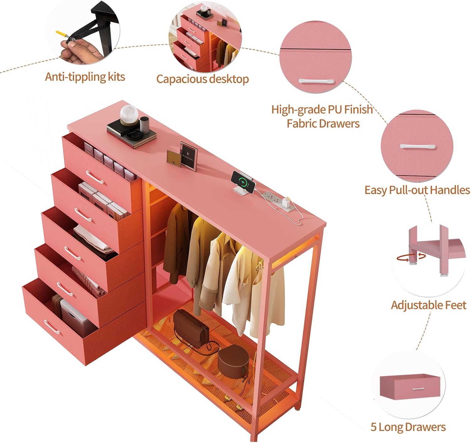 Dresser for Bedroom, Dresser with Hanging Rack Led Lights and Charging Station, Tall Dresser with 5 Fabric Chest of Drawers with PU Finish Storage Organizer, for Living Room Kids Room Closet, Pink