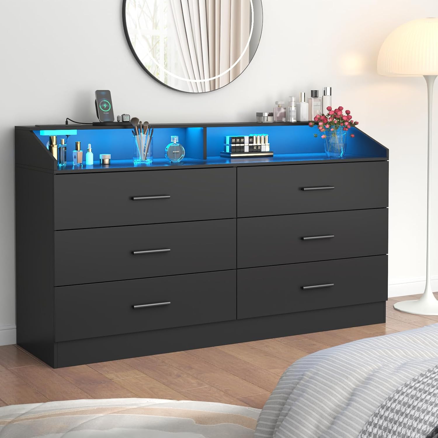 Gyfimoie 6 Drawer Dresser with Power Outlet, Chest of Drawers with LED Light, Modern Dresser with Open Storage Cubby, Double Wide Dressers Organizer for Bedroom, Living Room, Entryway, Hallway