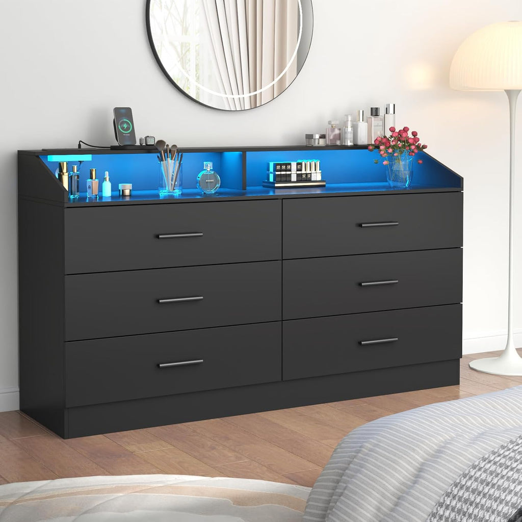 Gyfimoie 6 Drawer Dresser for Bedroom with Charging Station, Dresser with LED Light, Chest of Drawers for Closet, Modern Dressers with Open Storage Cubby, Double Wide Dressers (Black-, 6 Drawers)