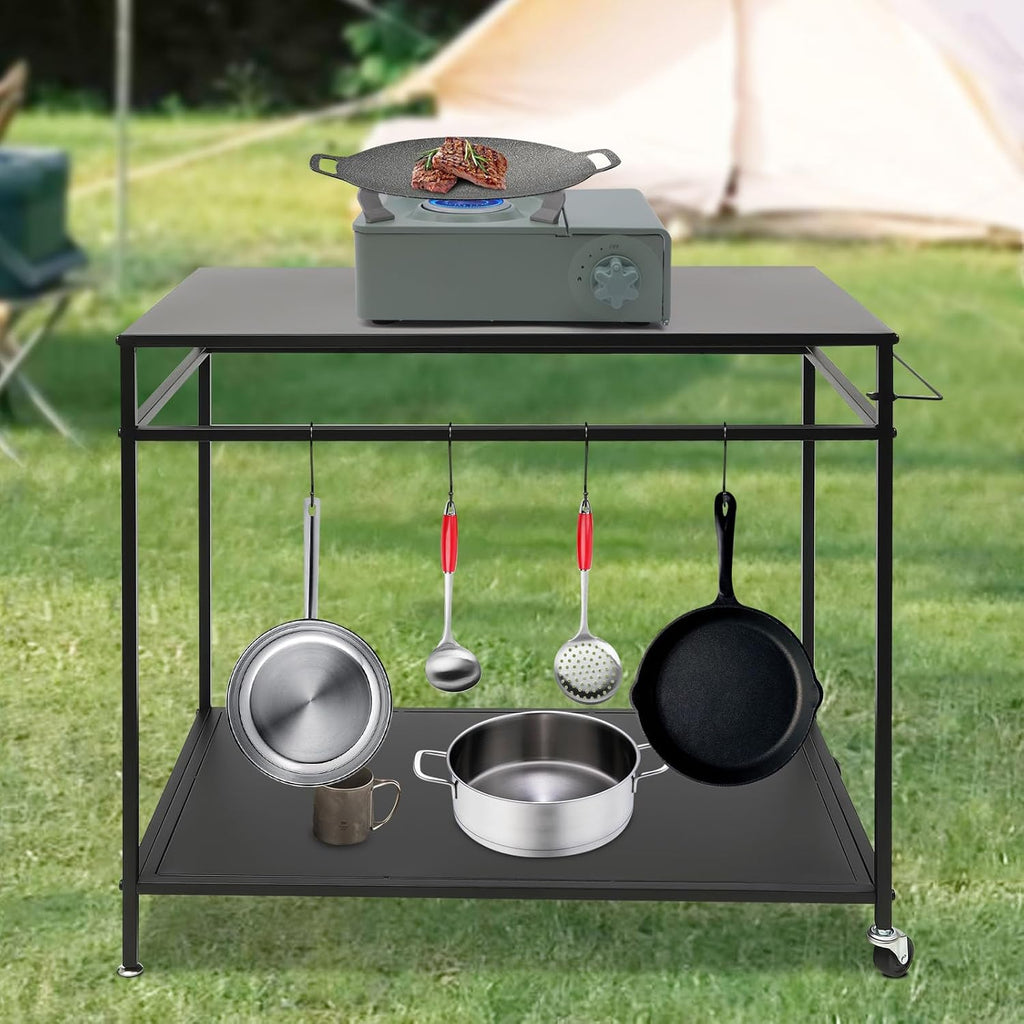 Grill Cart, 2Tier Stainless Steel Movable Food Prep Table, Black | Double Wide Shelves 4 Hanging Hooks Maximize Outdoor Cooking Storage Room