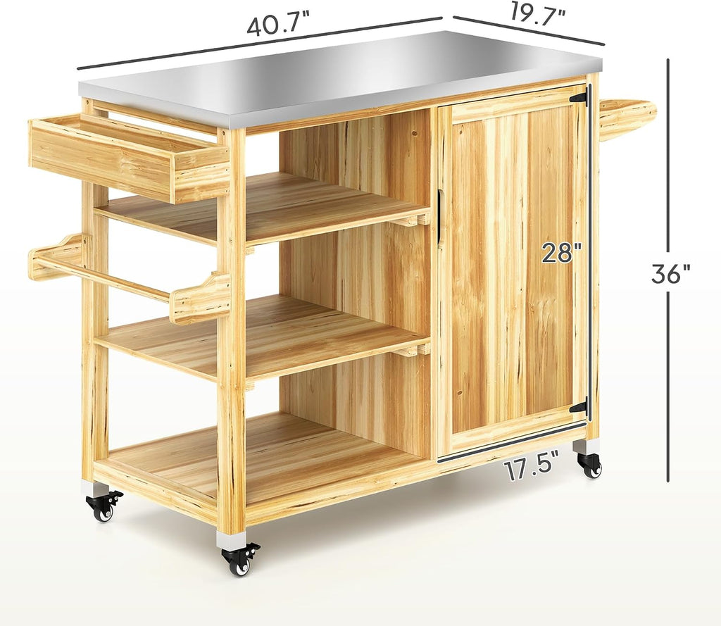 Outdoor Grill Table Cart with Stainless Steel Top, Solid Wood Outdoor Kitchen Island with Wheels and Storage Cabinet, Food Prep Table with Open Shelves for BBQ, Patio, Kitchen, Natural Wood