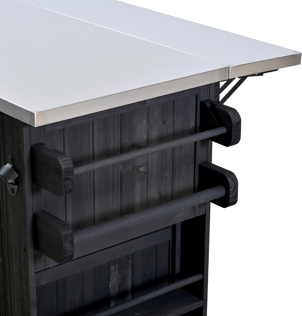 Outdoor Solid Wood Extendable 19.3''/28'' Kitchen Island,Stainless Steel Top Grill Table with Side Spice Rack,Drawers,for Backyard, BBQ,Party (Black-D)