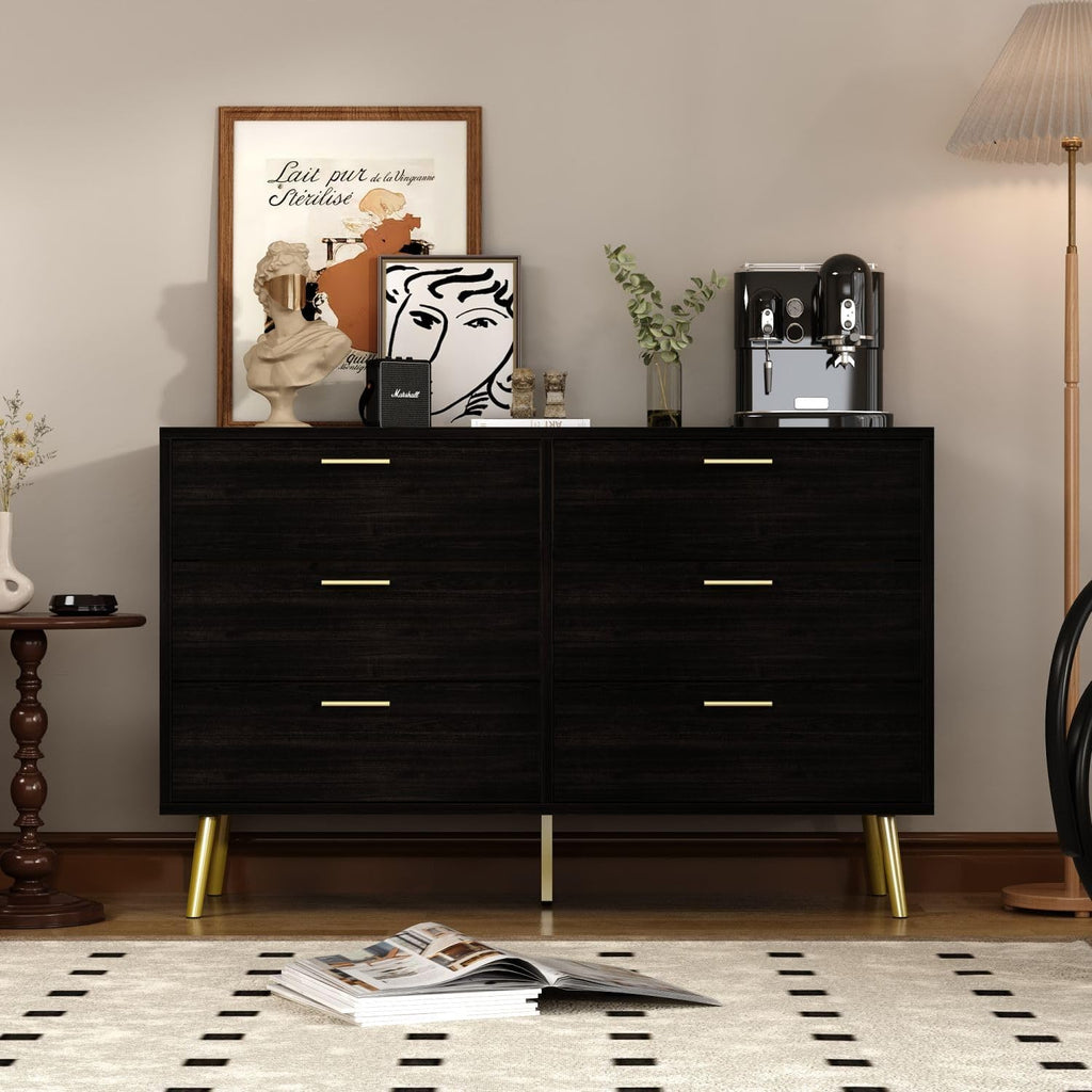 47.2' 6 Drawer Dresser, Modern 6-Drawer Chest with Gold Metal Handles, Bedroom Dresser with Gold Metal Legs, for Living Room Entryway Black (47.2'W x 15.7'D x 30.1'H)