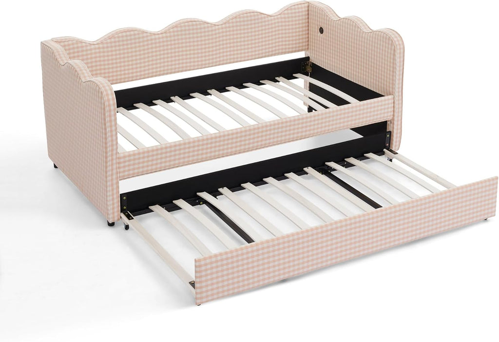 DEINPPA Twin Size Upholstered Daybed with Trundle, Gingham Daybed with USB Ports for Bedroom Living Room Guest Room-Pink