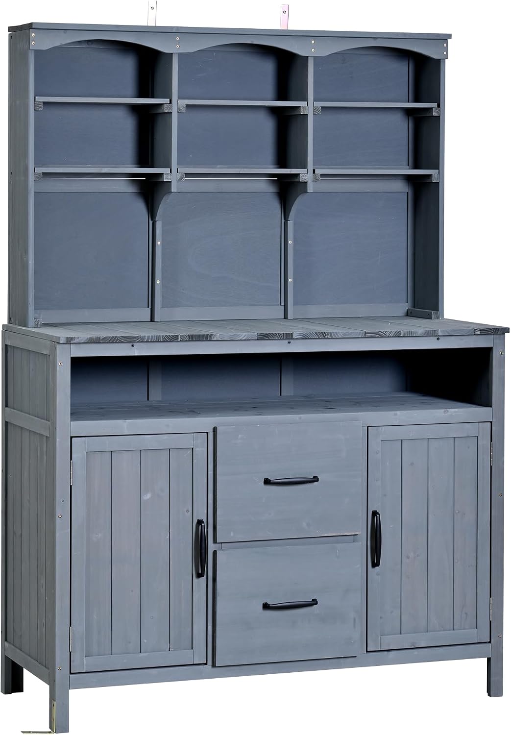 Outdoor Potting Bench Table with Large Countertop and Hutch, Freestanding Garden Workstation with Cabinets, Drawers and Hooks for Backyard (Gray)