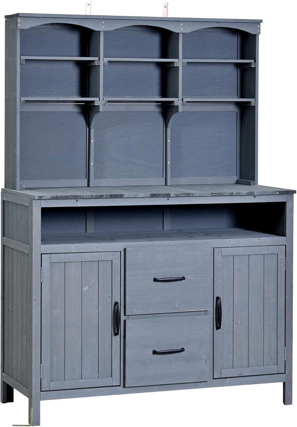 Large Fir Wood Potting Bench, 45.3''L Multi-Functional Outdoor Patio Kitchen Island with Hutch,Drawers & Hooks, Large Countertop for Gardening, Grill (Gray-h)