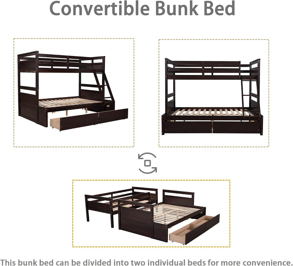 Merax Twin Over Full Bunk Bed, Wood Bunk Bed with Removable Ladders and Two Storage Drawers, Convertible into Two Individual Beds (Espresso)
