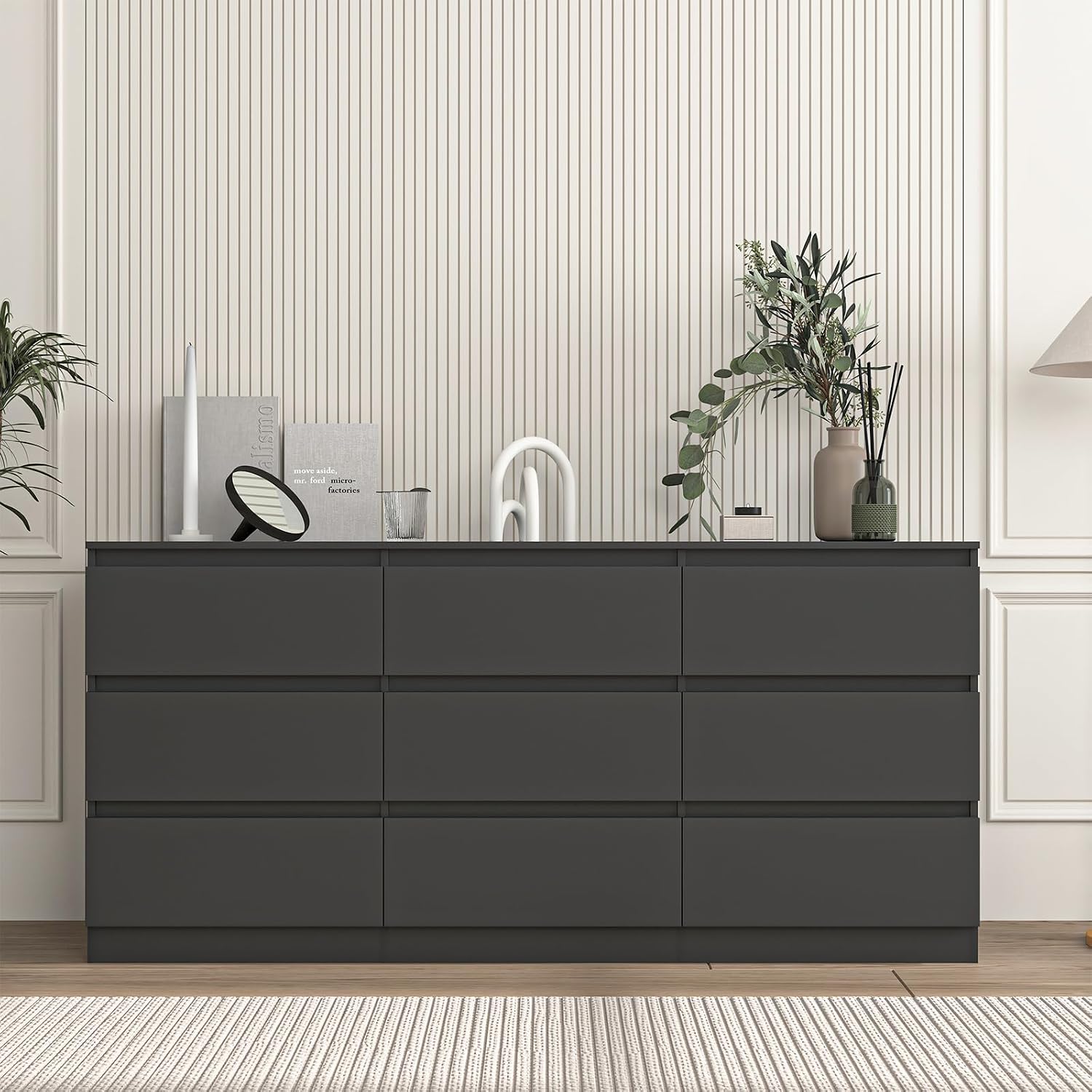 Vibe & Dine 9 Drawer Dresser, 59.1' Long Dresser for Bedroom Free Handle, Modern Wooden Chest of Drawers with Wide Storage for Living Room, Black