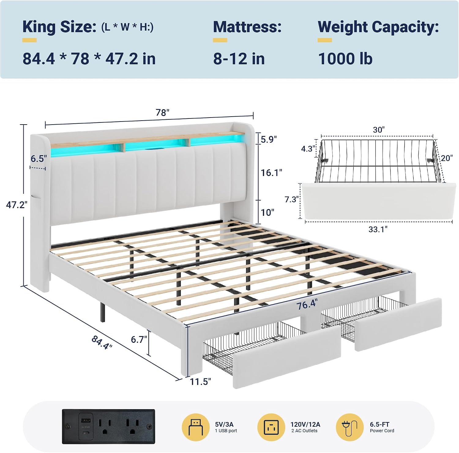 Allewie King Size Bed Frame with 2-Tier LED Storage Headboard, Velvet Upholstered King Platform Bed with 2 Storage Drawers, USB & Type-C Charging Ports, Noise-Free/No Box Spring Needed, White