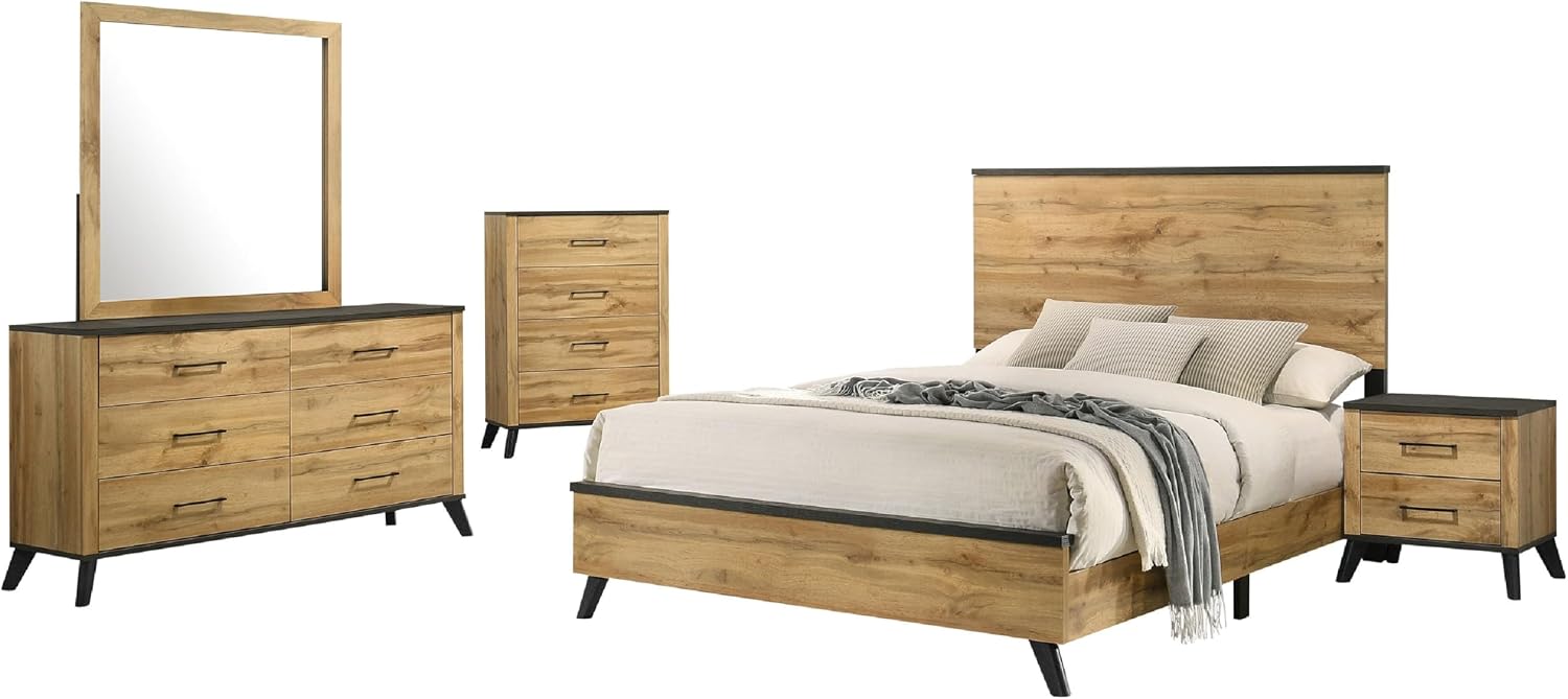 Benzara Wemy 5 Piece Full Size Bed Set, Rustic Brown Pine Wood, Tapered Legs