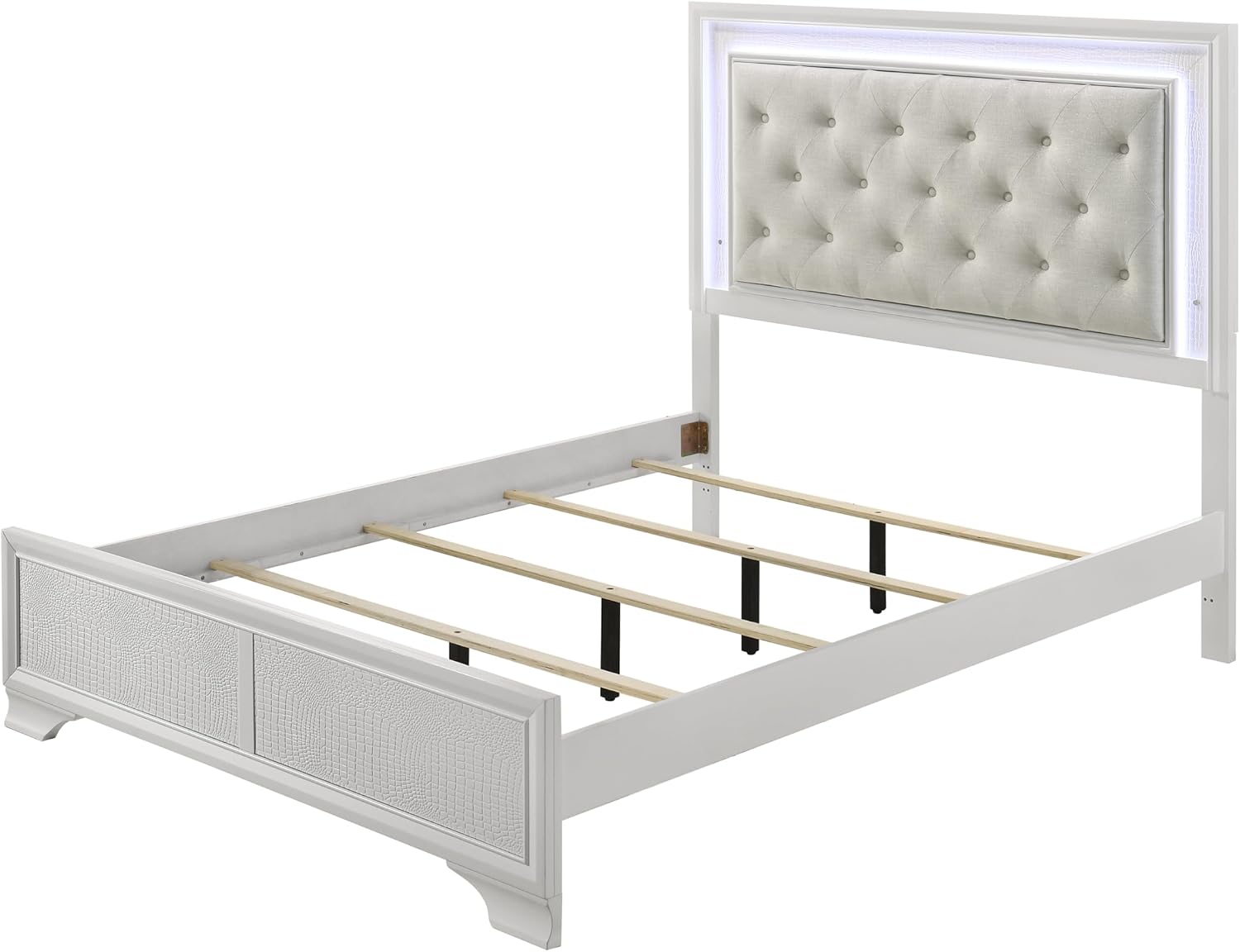 Modern Crisp White Textured Finish Tufted Headboard Integrated LED Lighting Full Size Bed Set 5pc Bedroom Furniture