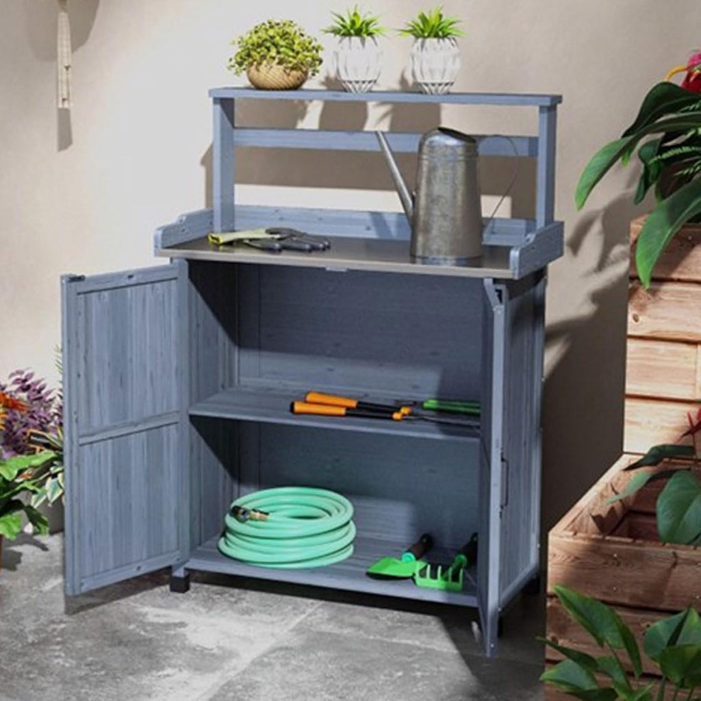 Garden Potting Bench Table with Storage Cabinet and Metal-Plated Tabletop, Top Shelves, Non-Slip Foot Mats, All-Weather Outdoor Potting Bench Work Station for Outside Lawn Patio