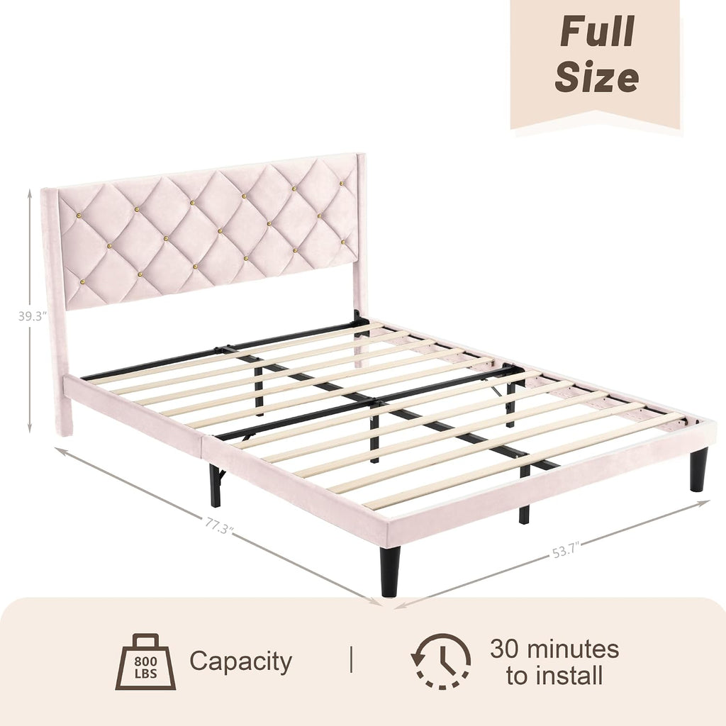 Full Size Platform Bed Frame with Velvet Headboard, Sturdy Wooden Slats Support, Mattress Foundation, No Box Spring Required, Non-Slip and Noise-Free,Easy Assembly, Pink