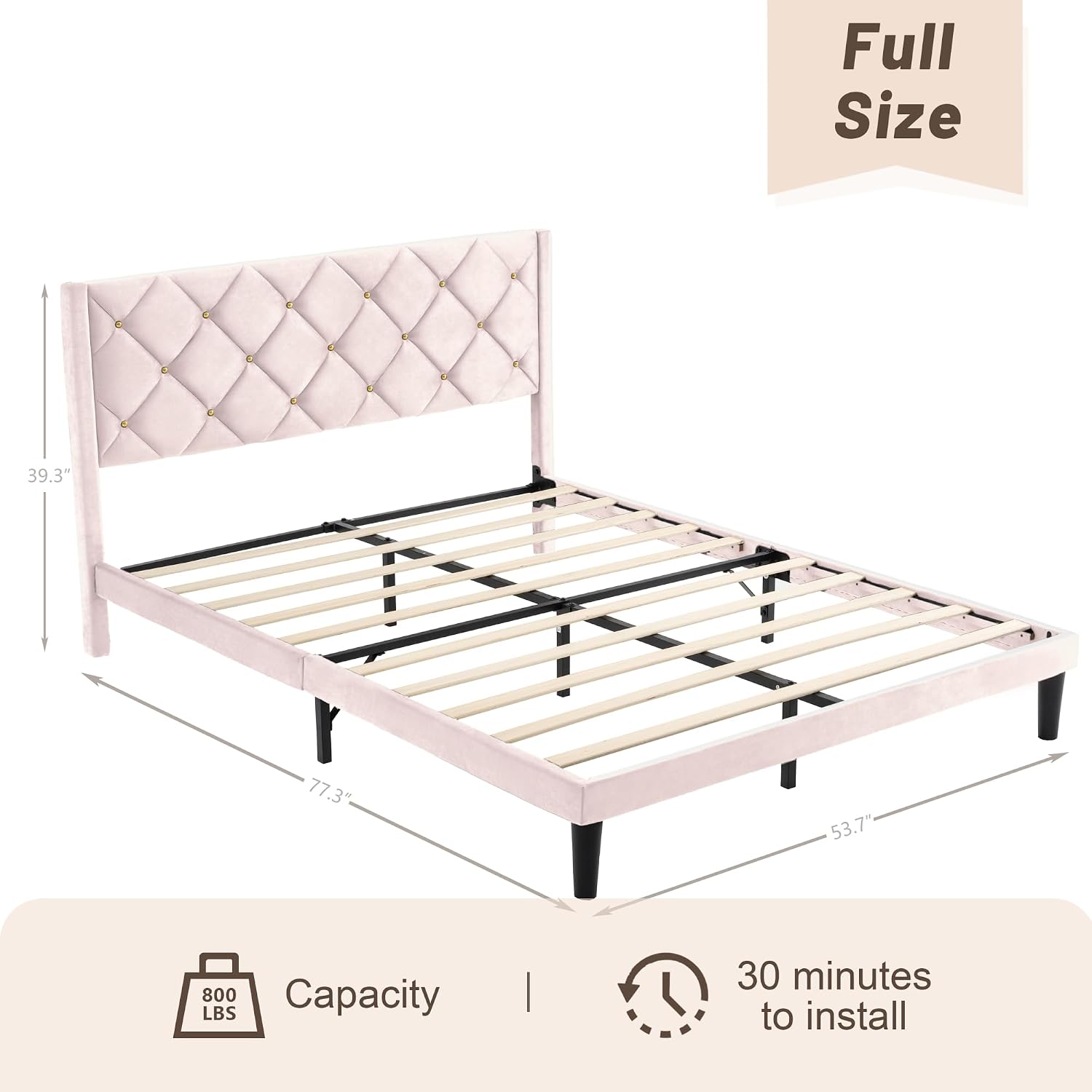 Full Size Platform Bed Frame with Velvet Headboard, Sturdy Wooden Slats Support, Mattress Foundation, No Box Spring Required, Non-Slip and Noise-Free,Easy Assembly, Pink