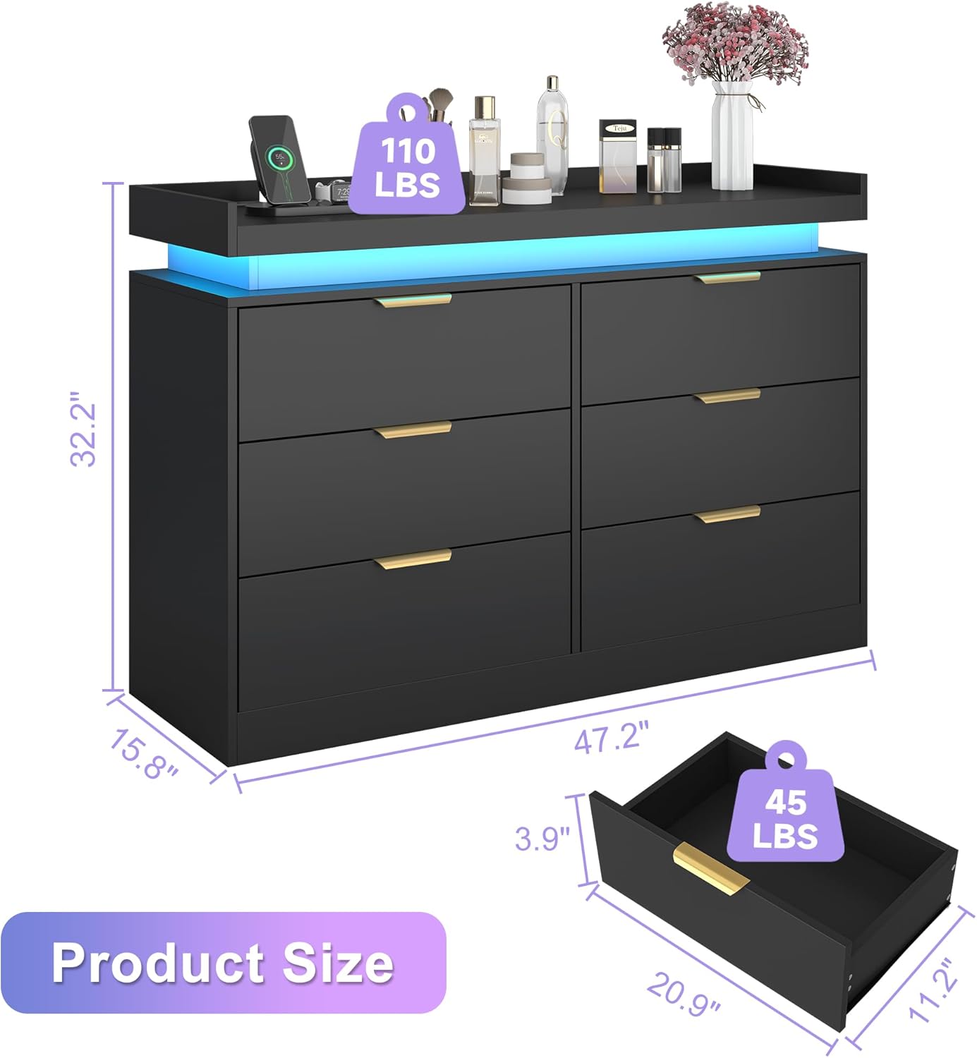 UNIQUITE 6 Drawer Dresser for Bedroom, Black Dresser with LED Lights and Power Outlet, Wooden Dressers Chests of Drawers, Double Wide Dressers for Bedroom, Entryway, Hallway