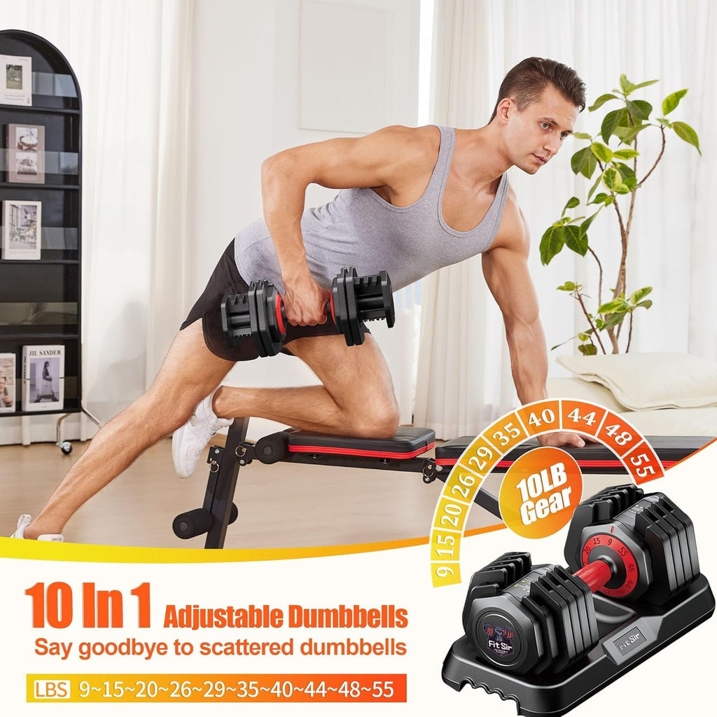 Adjustable Dumbbell Set, 10-in-1 25LB/55LB Ajustable Dumbbells with Safe Locking System, Enclosed Storage Tray, 1 Sec Fast Adjustment, Comfortable Non-Slip Textured Grip, Suitable for Home Gym Workouts Men and Women