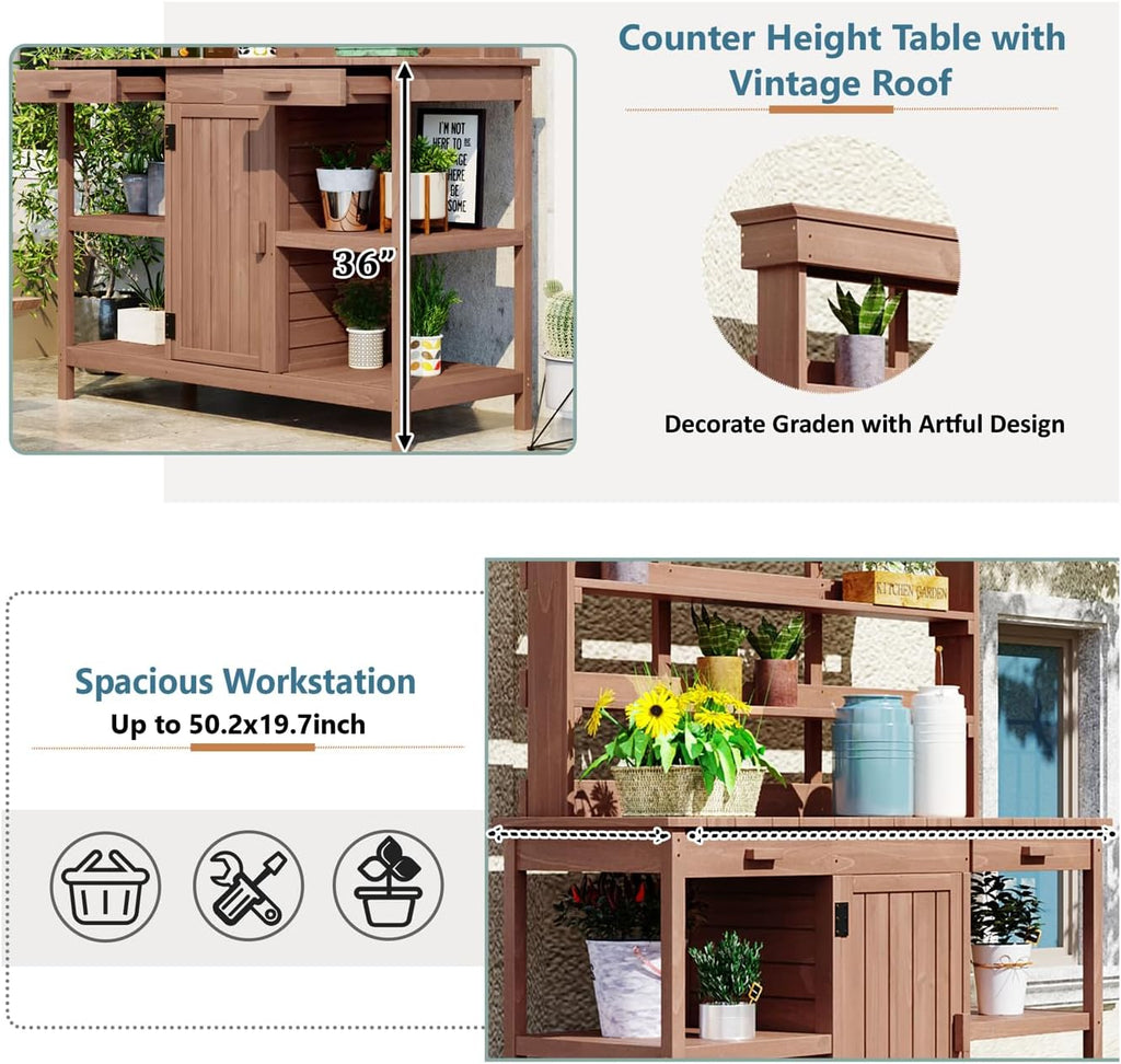 Outdoor Garden Potting Bench Table - 66' Large Wooden Potting Bench Table Garden Workstation with 2 Drawers, Cabinet and Open Shelves for Backyard, Mudroom, Brown