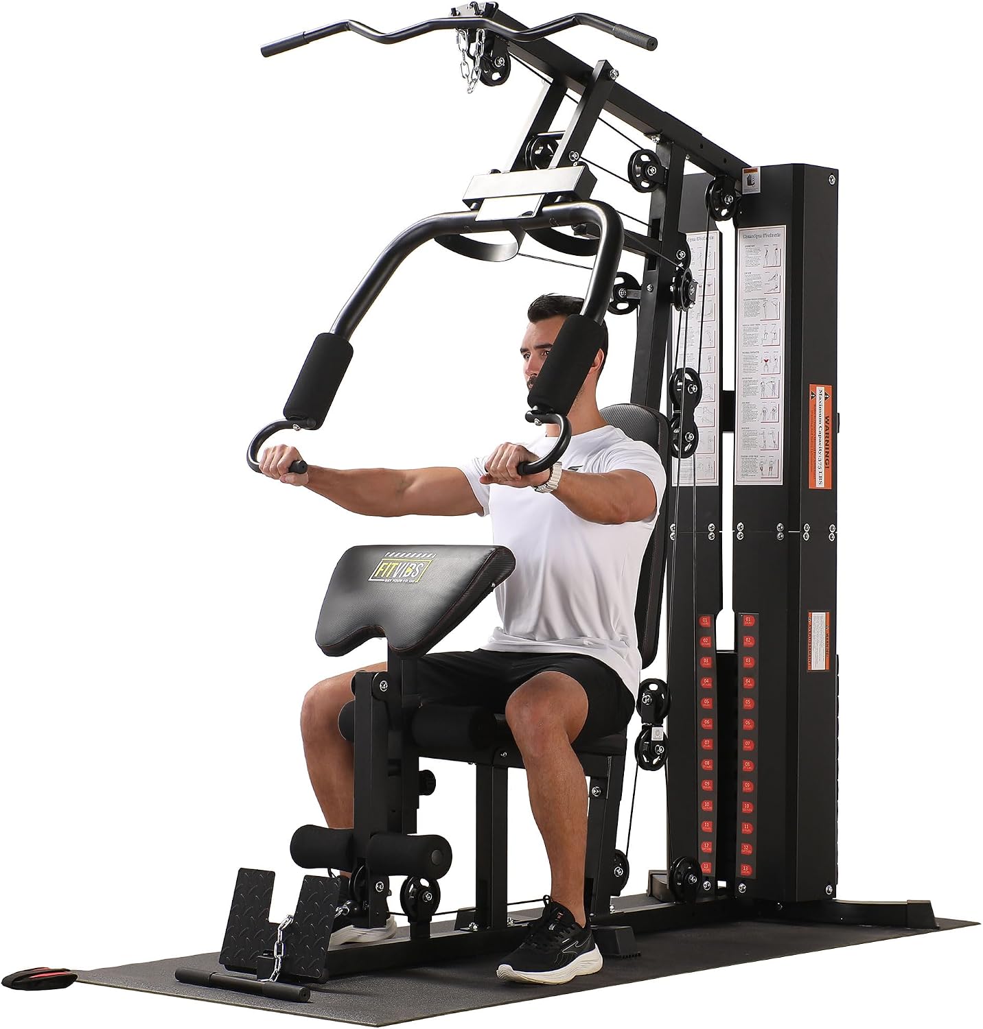 BalanceFrom Multifunctional Steel Frame Home Gym Machine with Floor Mat – Strength Training Workout Station with 160-Pound Weight Stack, Lat Pull & Low Row Bars, 4-Roll Leg Developer & Press