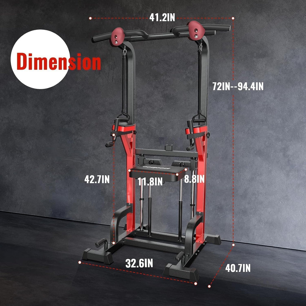 Pooboo Power Tower Dip Station Pull Up Bar for Fitness Home Gym Workout,450 Pounds Multi-Function Adjustable Height Fitness Strength Training Exercise Equipment,with Power Elastic Ropes