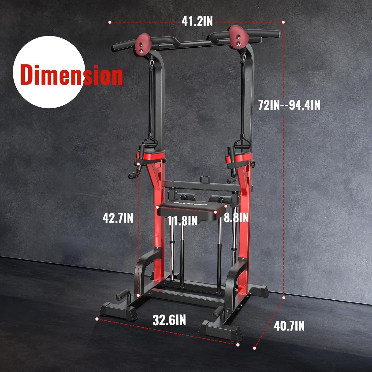 Pooboo Power Tower Dip Station Pull Up Bar for Fitness Home Gym Workout,450 Pounds Multi-Function Adjustable Height Fitness Strength Training Exercise Equipment,with Power Elastic Ropes