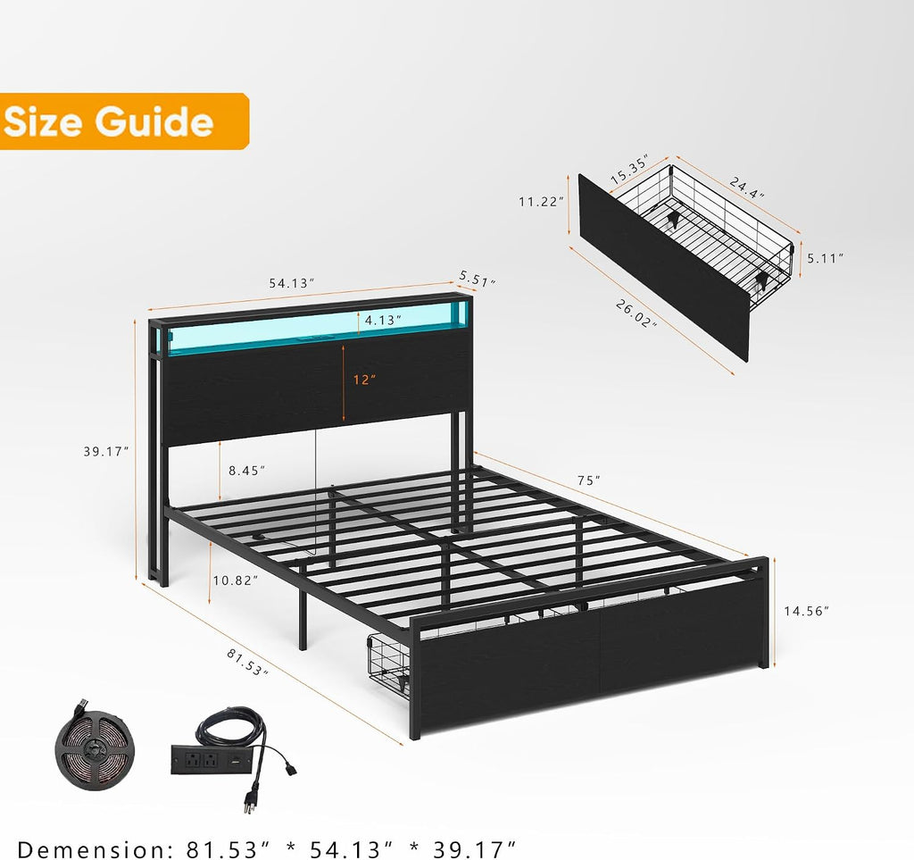 Bellemave Full Size Bed Frame with 2 Storage Drawers and Charging, Full Size Bed Frame with Headboard and Charging Station and with Led Lightstation, No Box Spring Needed, (Full, Black)