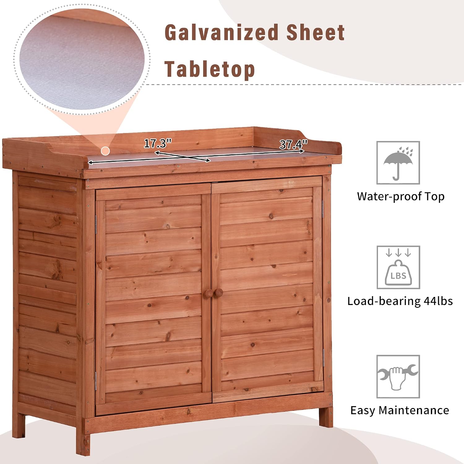 LUMISOL Potting Bench Table Garden Outdoor Bench with Galvanized Tabletop Wood Workstation Table Storage Cabinet with Side Hook (Orange)