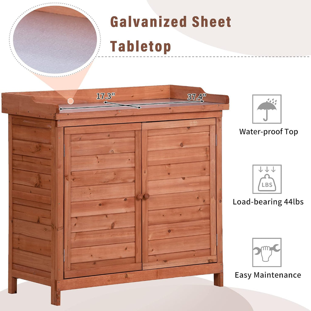 Outdoor 39' Potting Bench Table, Rustic Garden Wood Workstation Storage Cabinet Garden Shed with 2-Tier Shelves and Side Hook, Orange,for Outdoor Indoor Use (Orange)