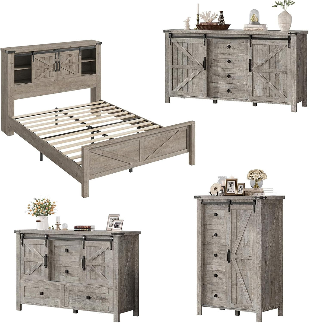 AMERLIFE 4 Pieces Farmhouse Bedroom Set, Includes Full Size Bookcase Headboard Bed Frame, 5 Drawer Tall Dresser, 47'' Dresser with 4 Drawers, 60' Dresser with 4 Drawers, Light Rustic Oak