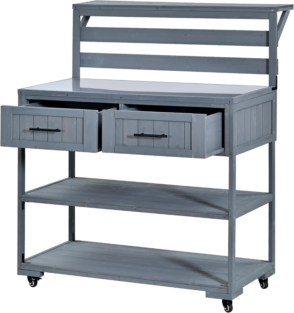 Patio Potting Bench Table with Stainless Table Top, Outdoor Large Garden Workstation on Wheels with Raised Shelf and Drawers for Backyard (Gray)