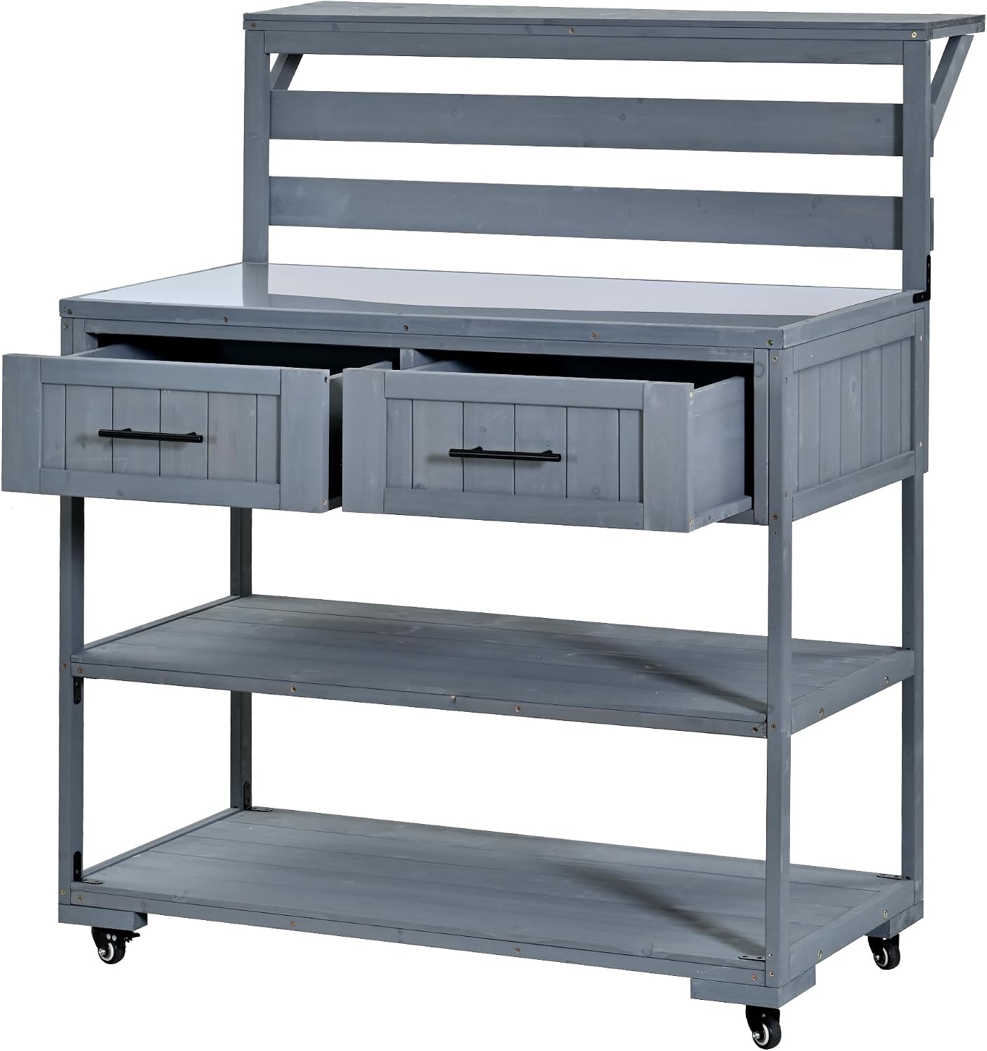 Merax 62.3' W Outdoor Kitchen Island with Stainless Steel Top, Rolling Grill Cart with Lockable Wheels, Garden Potting Bench with Raised Shelf and Drawers, Grill Prep Table for BBQ, Party, Gray