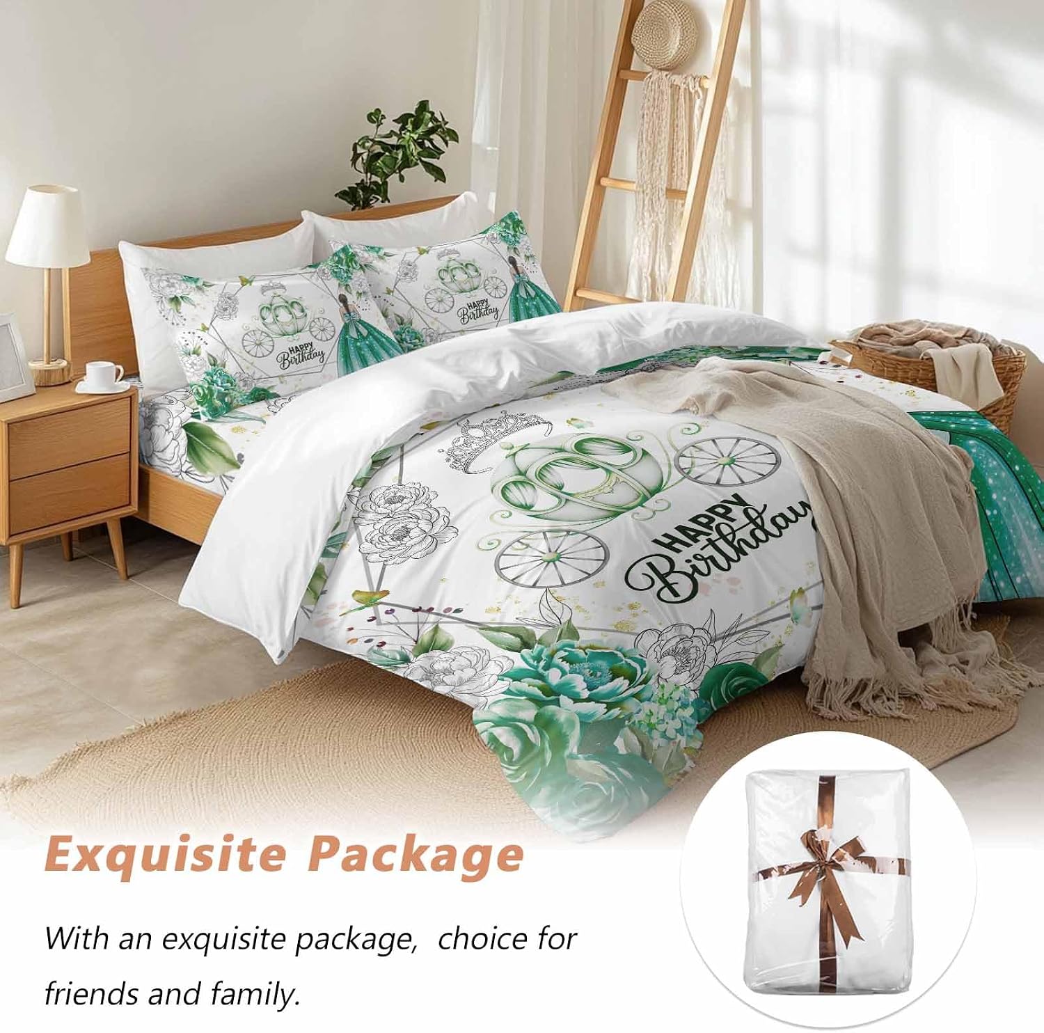 Happy Birthday Duvet Cover Set, Green Luxury Dress Crown Carriage Flowers Soft Duvet Cover Full Size Bedding Set 4 Pieces, 1 Quiltcover and 2 Pillowcases with Zipper, 1 Bed Sheet for All Seasons