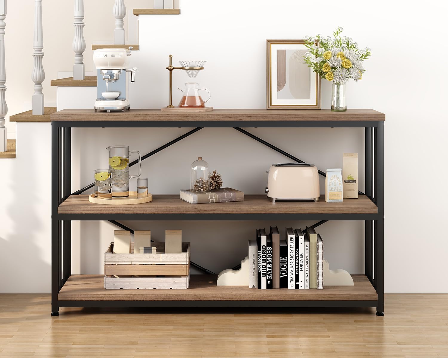 IBF 3 Tier Bookshelf Storage Organizer, Industrial Short Wide Open Horizontal Bookcase, Farmhouse Low Wood Metal Book Shelf for Office, Modern Vintage Etagere in Bedroom Living Room, Rustic Oak, 47 In