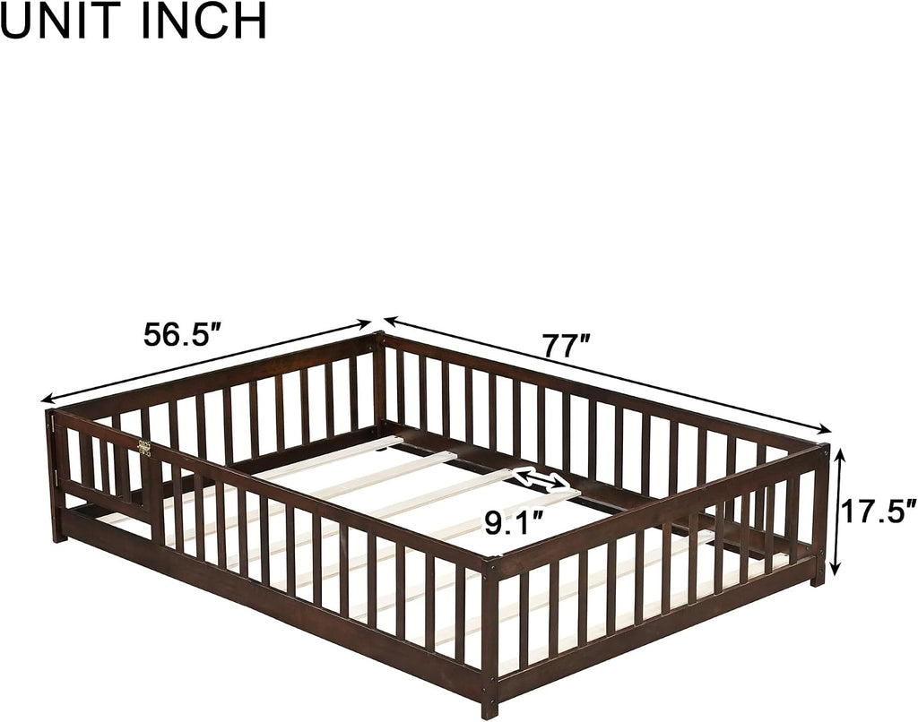 Bellemave Full Size Floor Bed with Door and Fence for Kids, Montessori Floor Bed with Slats and Safety Guardrails,Solid Wood Full Bed Frame for Girls Boys(Full,Espresso)