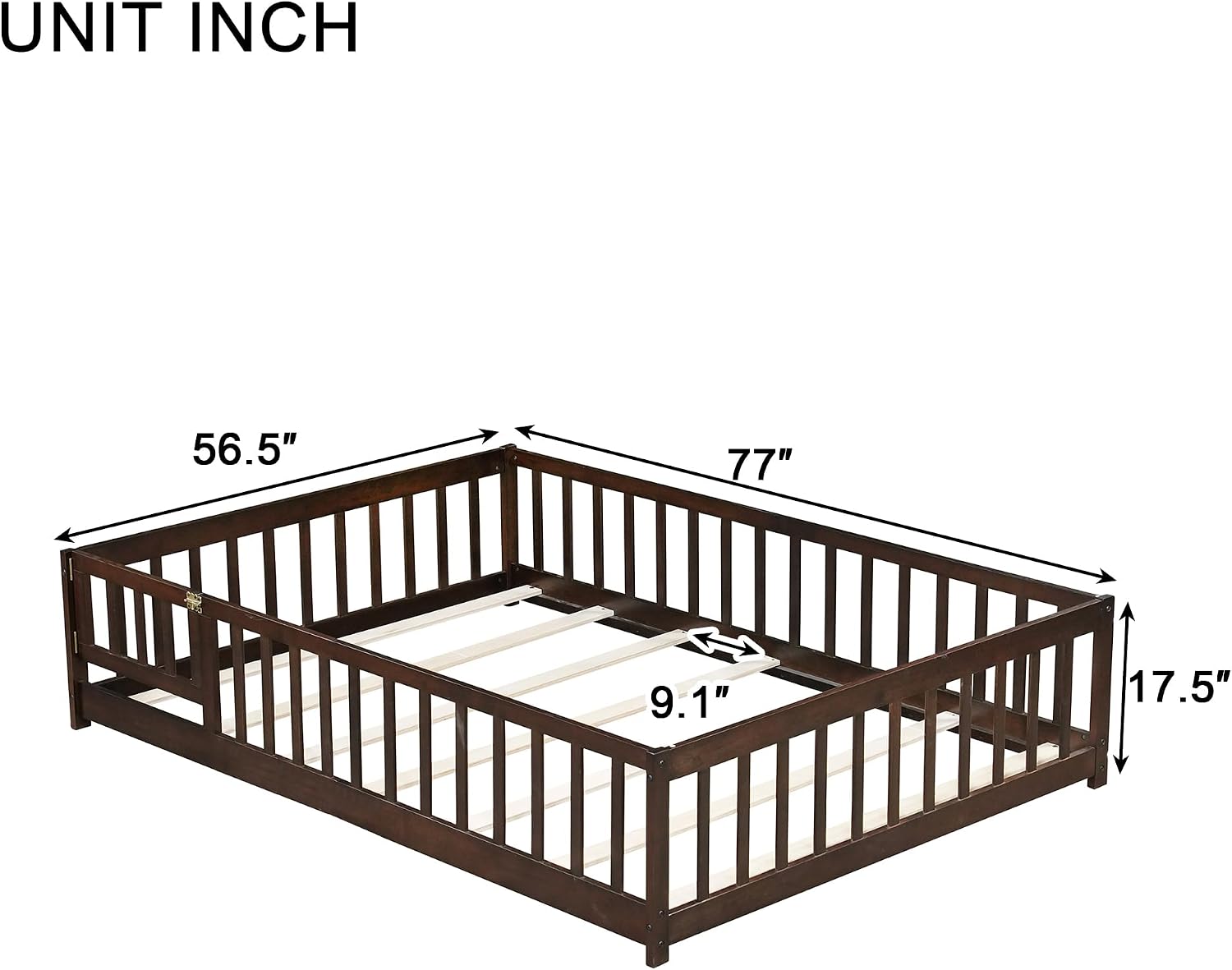 Bellemave Full Size Floor Bed with Door and Fence for Kids, Montessori Floor Bed with Slats and Safety Guardrails,Solid Wood Full Bed Frame for Girls Boys(Full,Espresso)