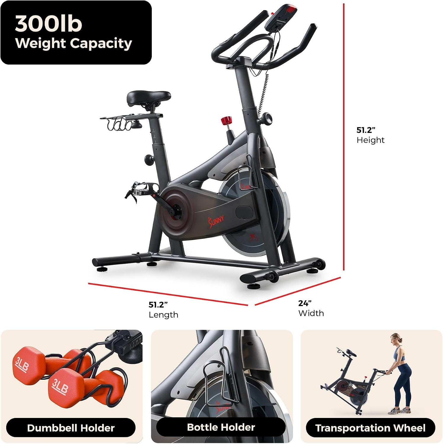 Sunny Health & Fitness Smart Magnetic Indoor Cycling Bike, Stationary Exercise Cardio Equipment, Free SunnyFit Training App